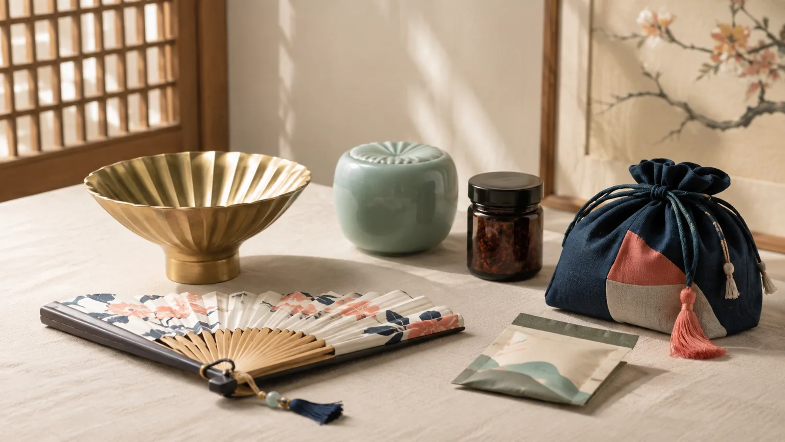 Conceptual Korean travel gifts including a brass bowl, patterned fan, ceramic object, seasoning jar, tea packet, and textile pouch